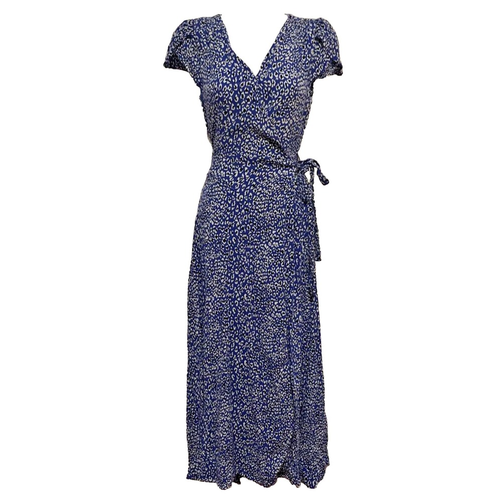 FREE PEOPLE Womens Blue Animal Leopard Flowy Wrap Maxi dress Short cap Sleeve XS